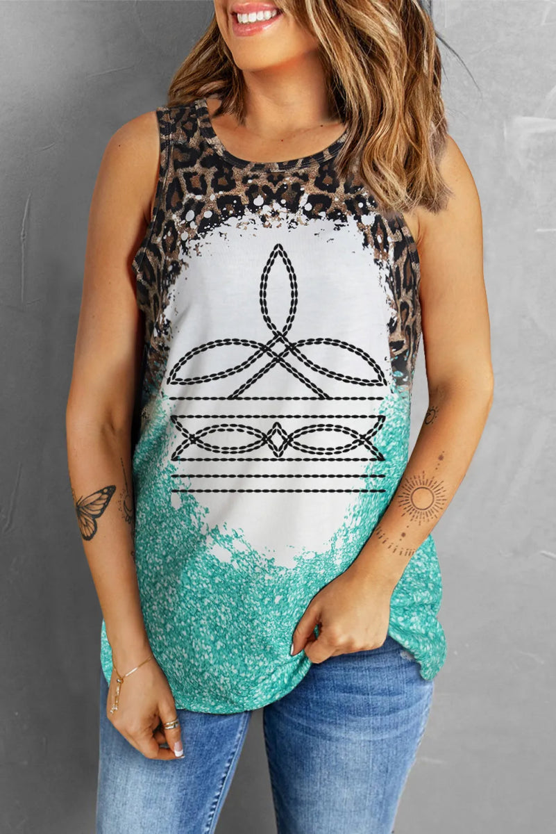 Leopard Geometric Round Neck Tank - CELIVINE