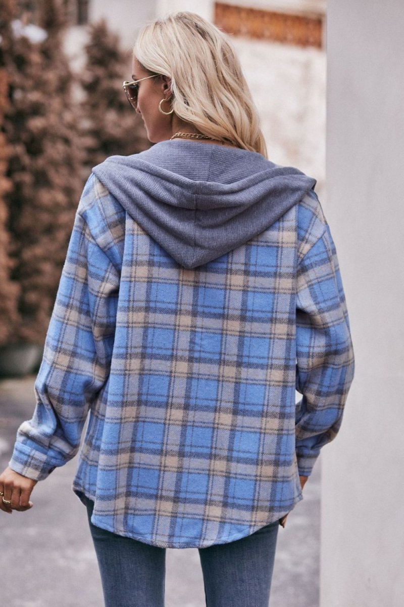 Mandy Plaid Dropped Shoulder Hooded Longline Jacket - CELIVINE