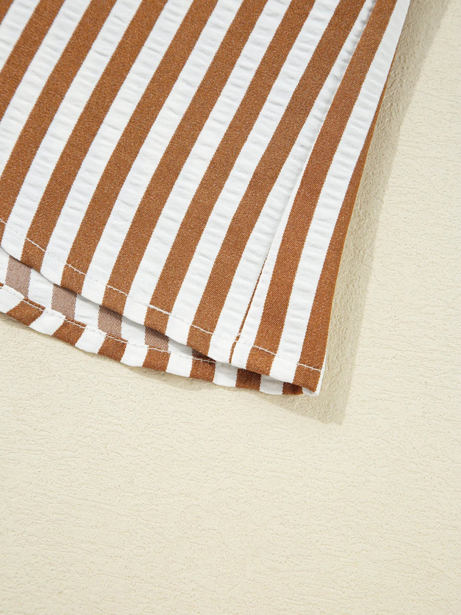 Stripe Ruffled Hem Collared Long Sleeve Shirt Mini Dress - CELIVINE