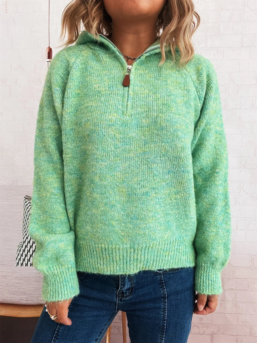 Quarter Zip Ribbed Hem Sweater - CELIVINE