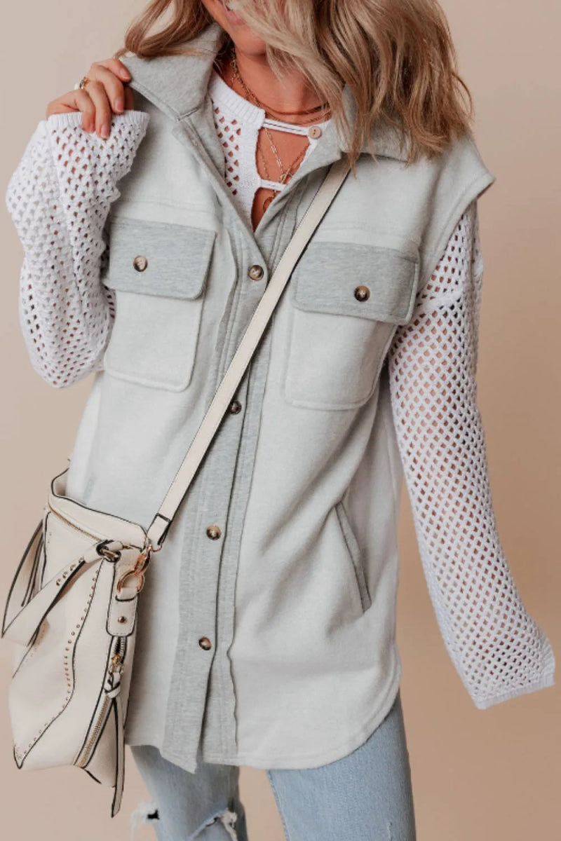 Pocketed Curved Hem Button Up Vest - CELIVINE