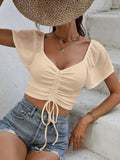 Drawstring Short Sleeve Crop Top - CELIVINE