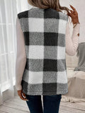 Plaid Sherpa Vest Coat with Pockets - CELIVINE