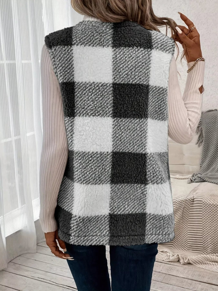 Plaid Sherpa Vest Coat with Pockets - CELIVINE
