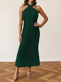 Pleated Halter Neck Midi Dress - CELIVINE
