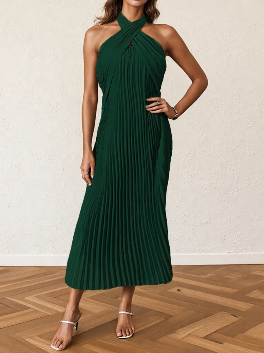Pleated Halter Neck Midi Dress - CELIVINE