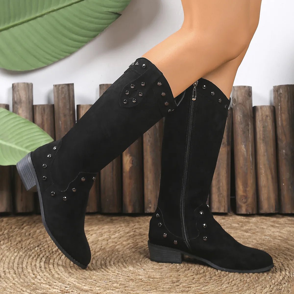 Studded Mid - Calf Boots with Side Zipper Closure - CELIVINE