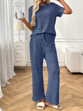Ribbed Knit Short Sleeve Top and Pants Lounge Set - CELIVINE