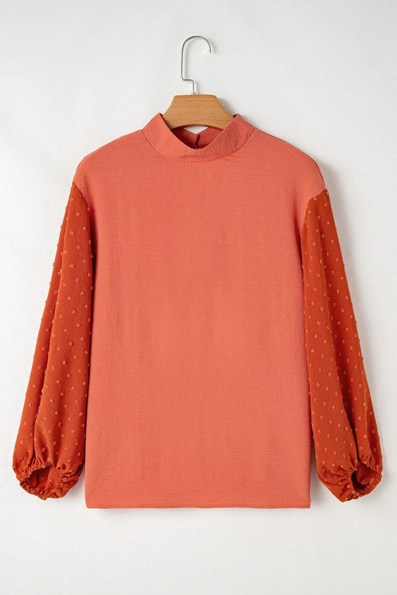 Swiss Dot Mock Neck Balloon Sleeve Blouse - CELIVINE