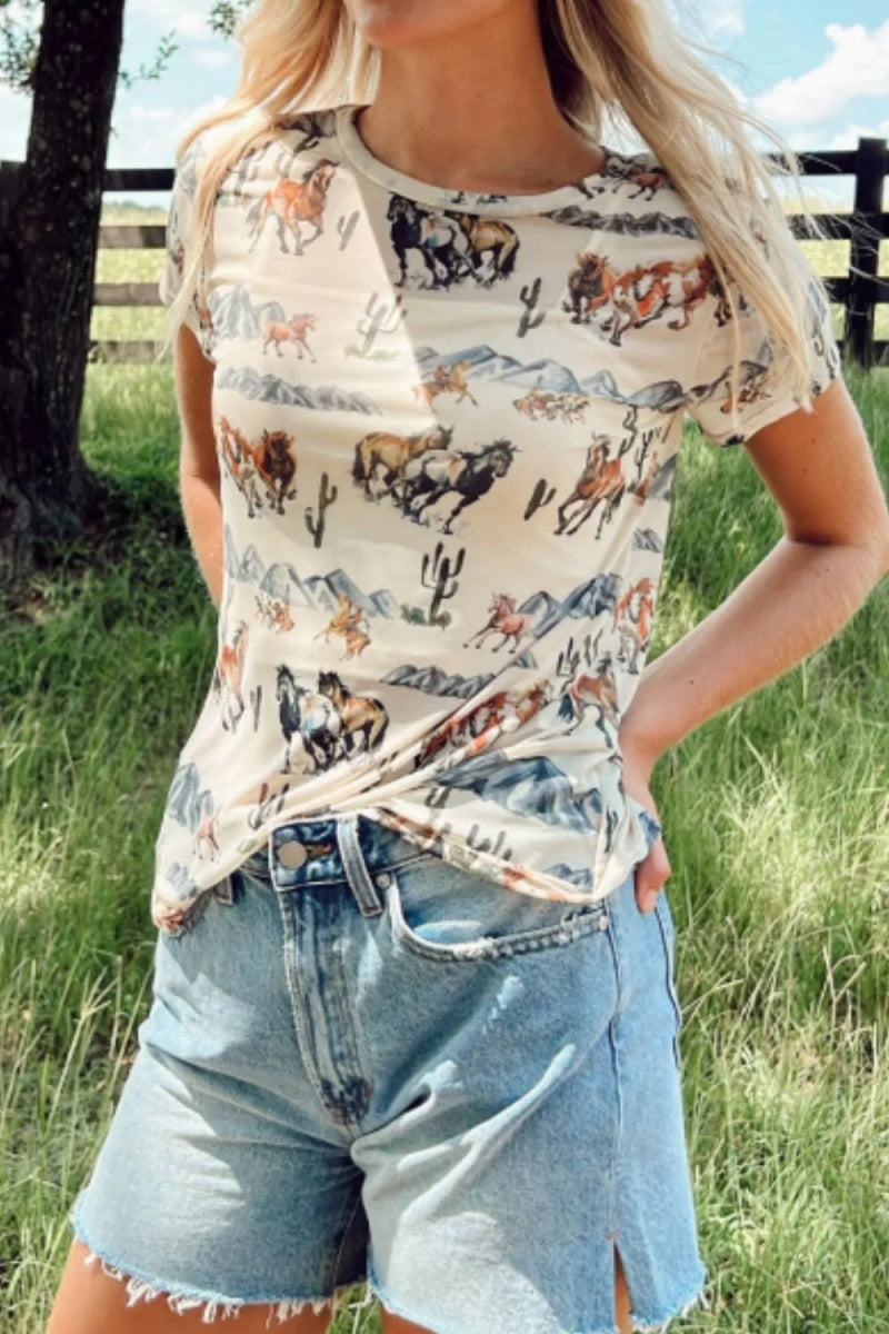 Western Fashion Mustang River Printed Mesh T Shirt - CELIVINE