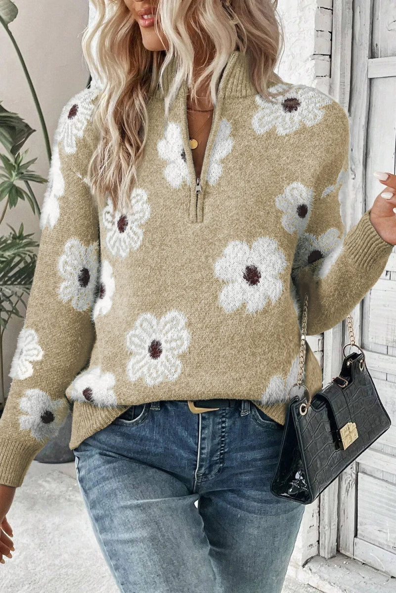 Flower Half Zip Long Sleeve Sweater - CELIVINE