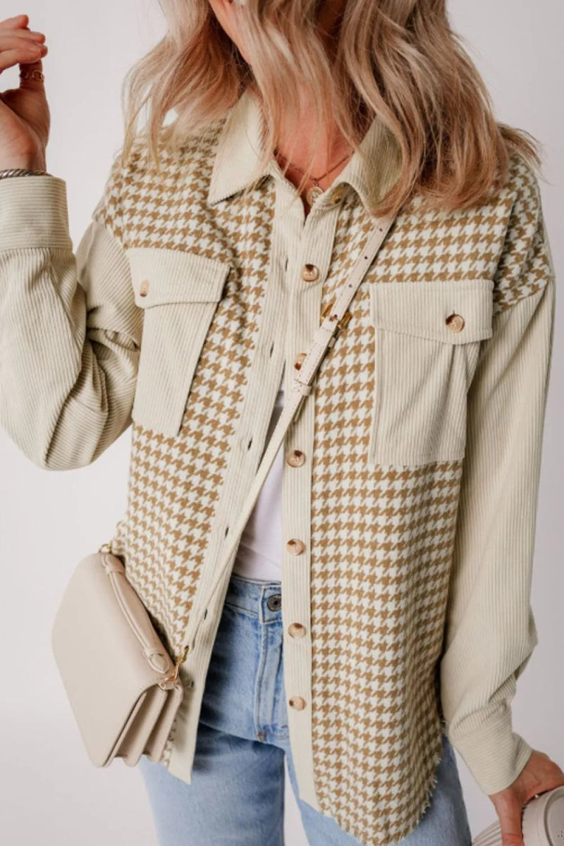 Houndstooth Button Up Long Sleeve Jacket - CELIVINE
