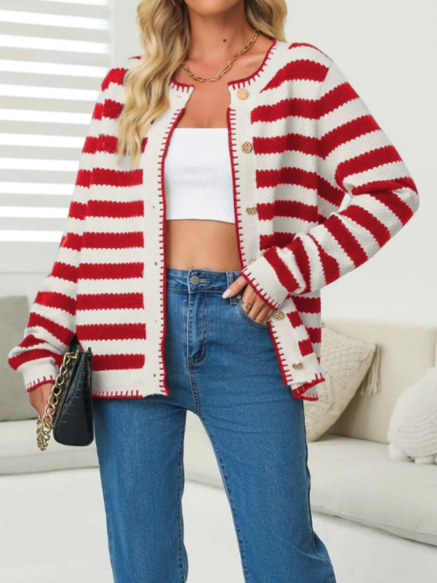 Button Down Striped Long Sleeve Cardigan - CELIVINE