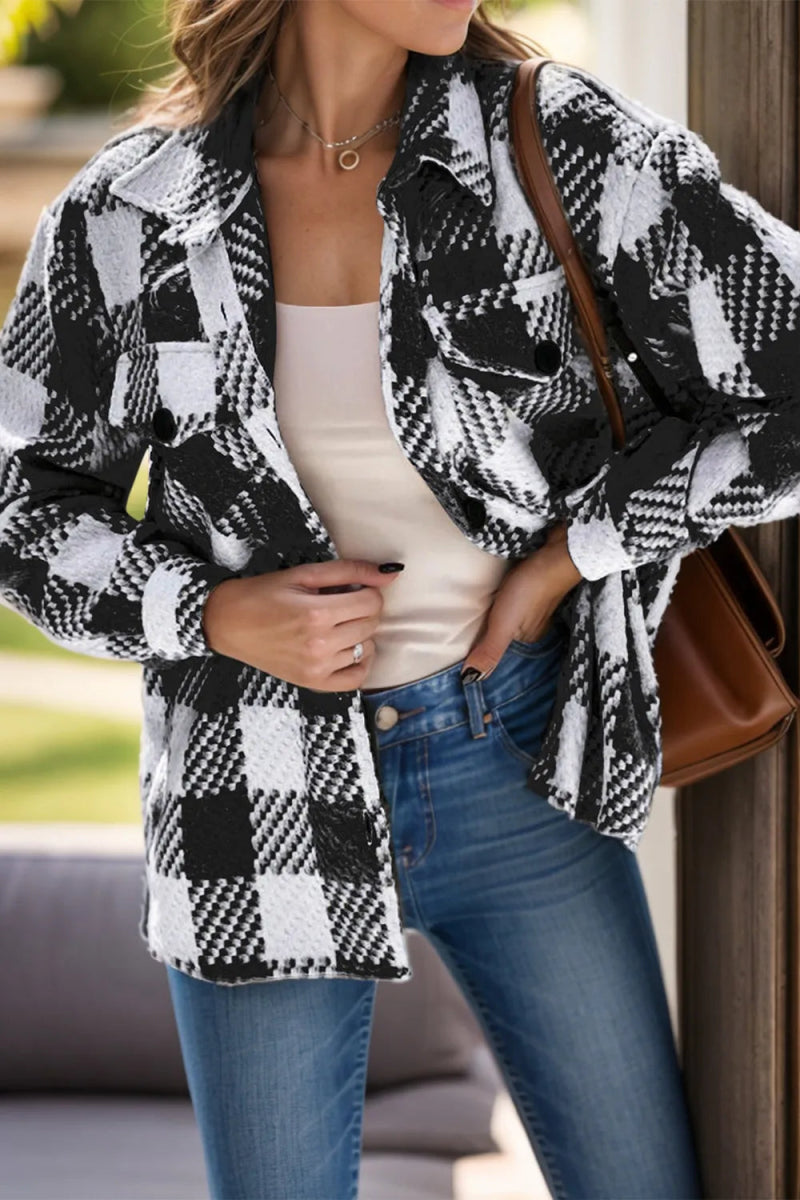 Plaid Button Up Long Sleeve Jacket - CELIVINE
