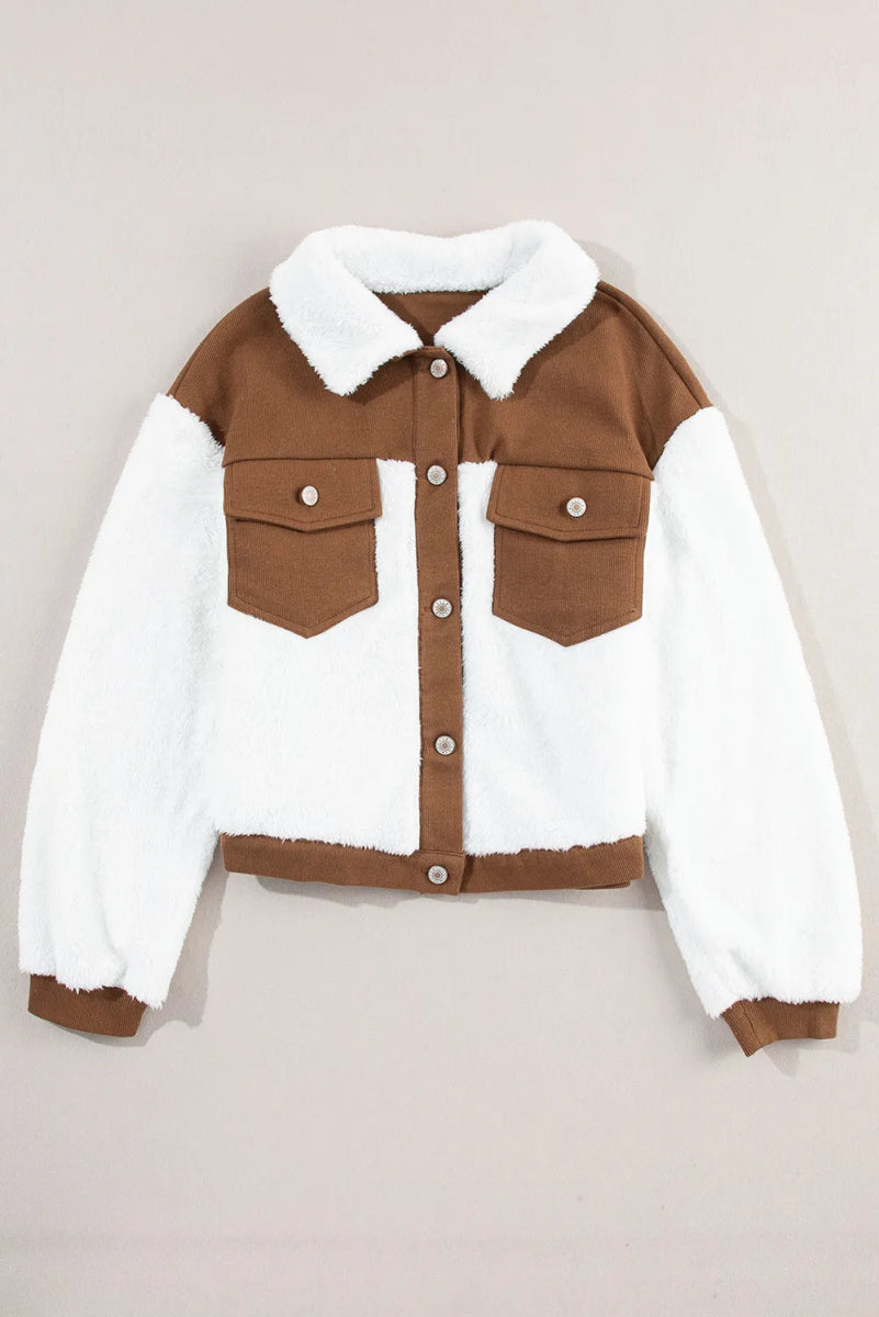 Corduroy Contrast Patchwork Fuzzy Jacket - CELIVINE