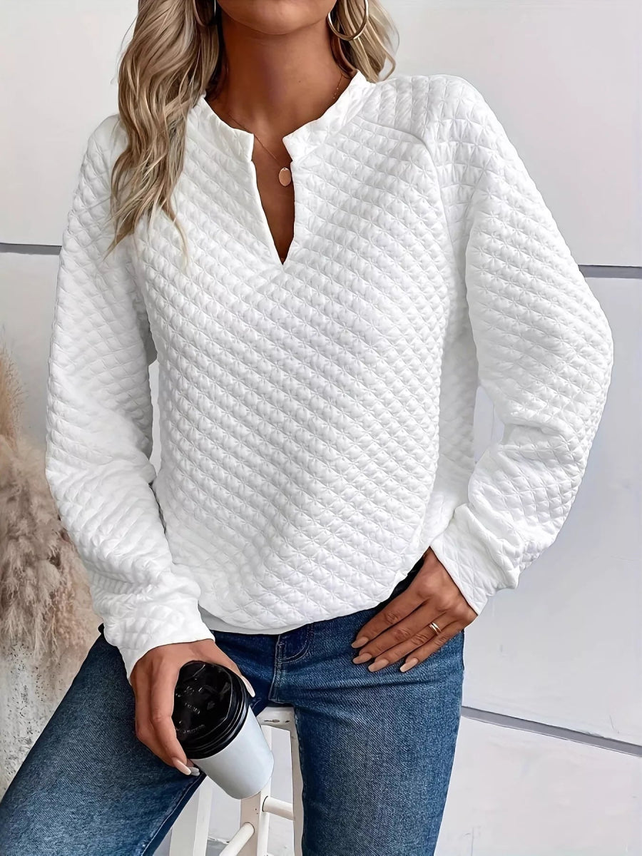 Quilted Texture Long Sleeve Sweatshirt with Notched Neck - CELIVINE