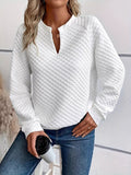 Quilted Texture Long Sleeve Sweatshirt with Notched Neck - CELIVINE