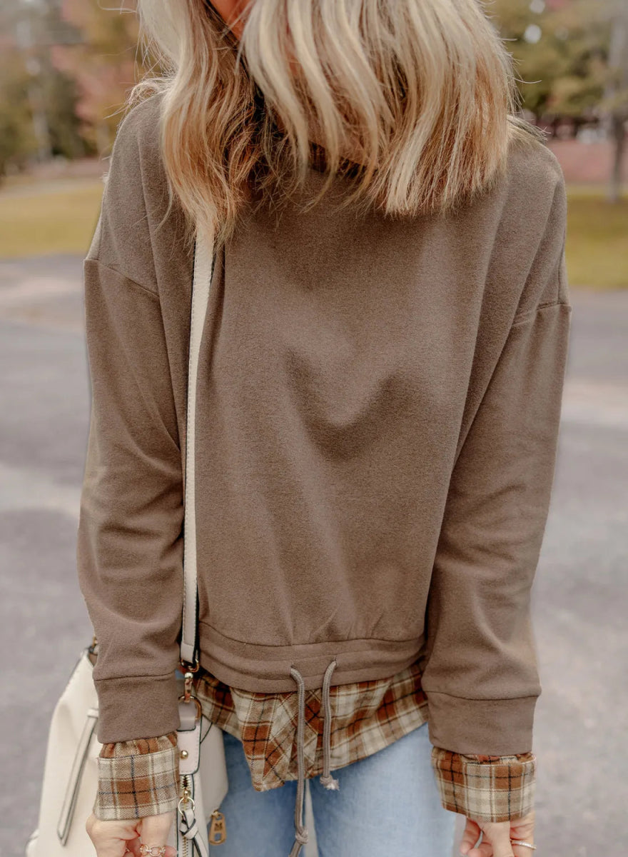 Drawstring Plaid Turtleneck Long Sleeve Top - CELIVINE