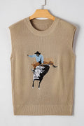Western Cowboy Embroidery Round Neck Sleeveless Sweater - CELIVINE