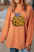Pumpkin Round Neck Long Sleeve Sweatshirt - CELIVINE