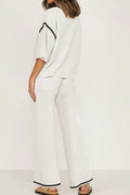 Contrast Trim Round Neck Top and Pants Set - CELIVINE