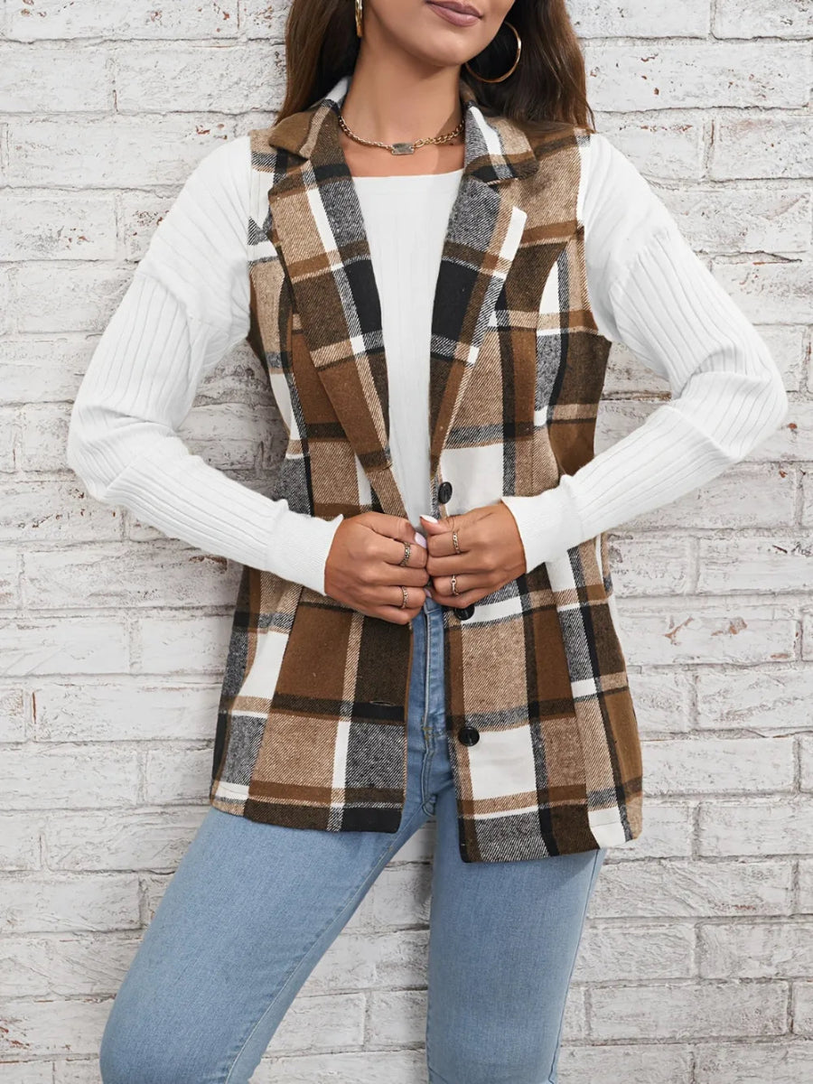 Plaid Button Down Vest Coat - CELIVINE