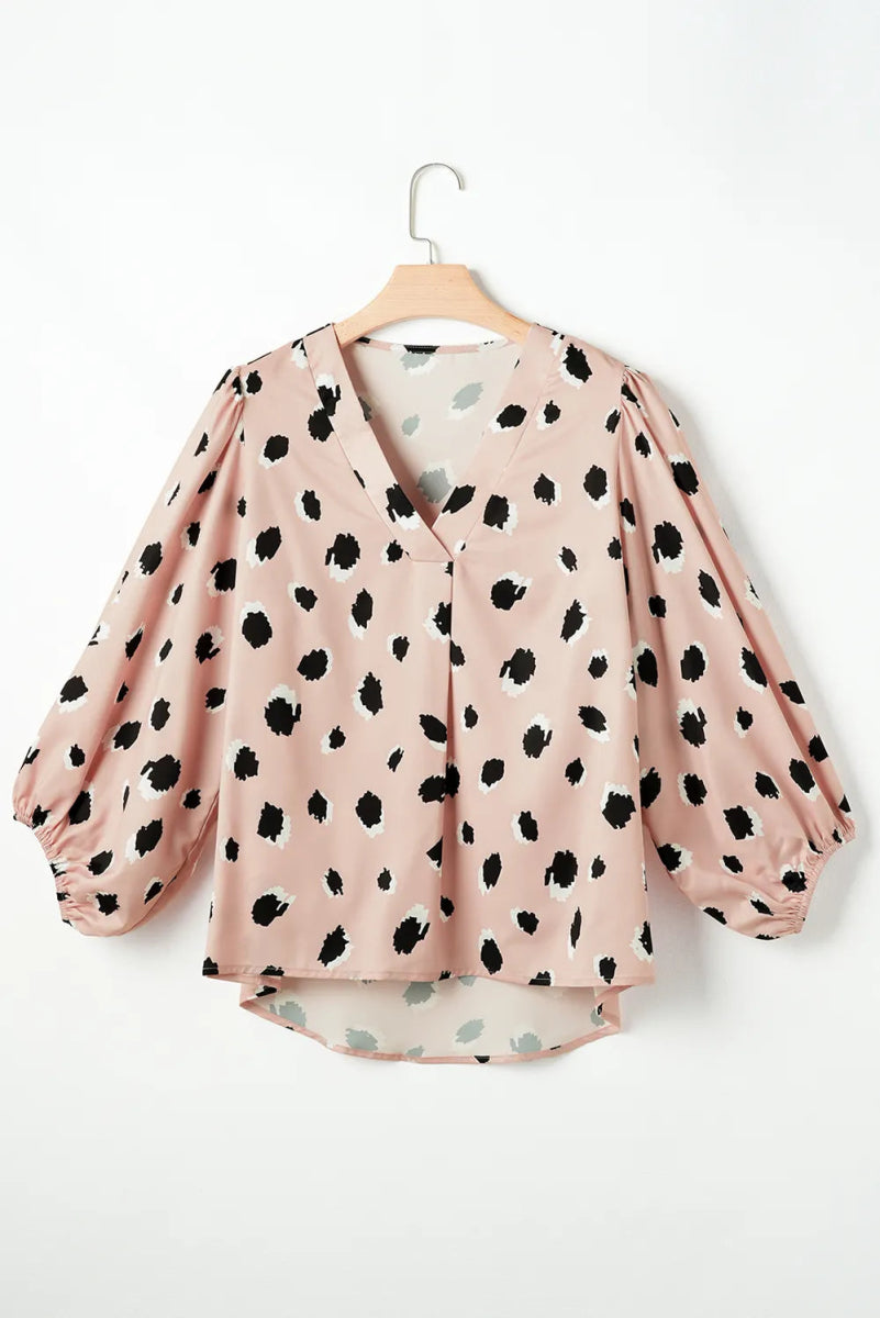 Contrast Animal Print V - Neck Long Sleeve Blouse - CELIVINE
