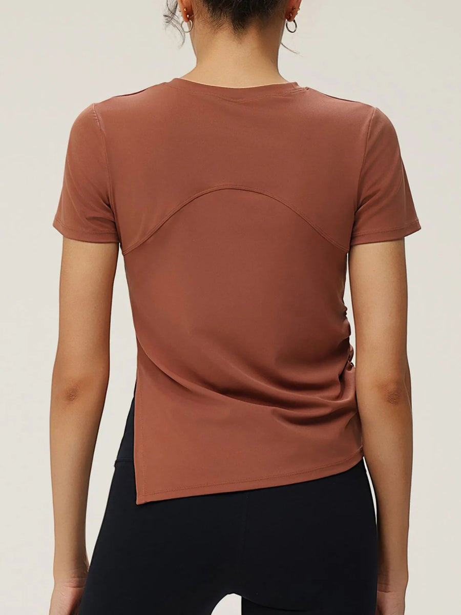 Full Size Slit Round Neck Short Sleeve Active T-Shirt Plus Size - CELIVINE