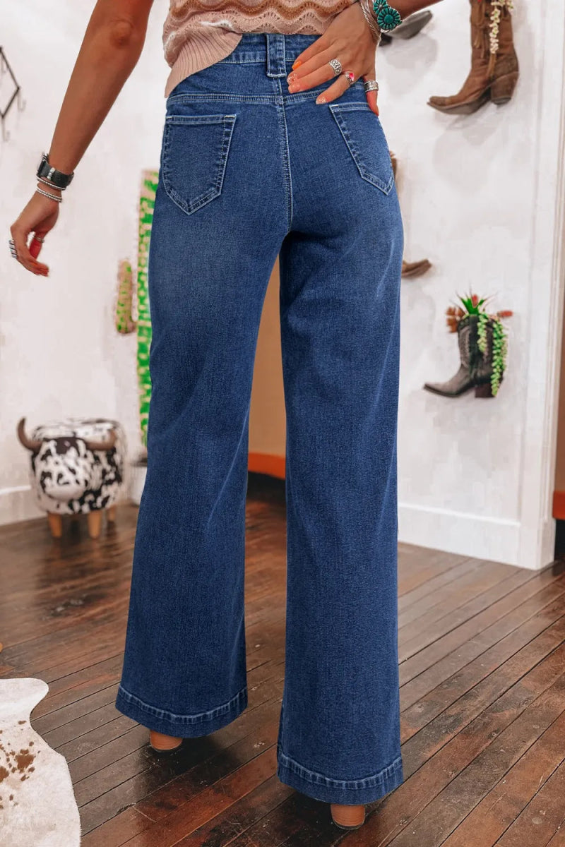 Wide Leg Pocketed High Waist Jeans - CELIVINE