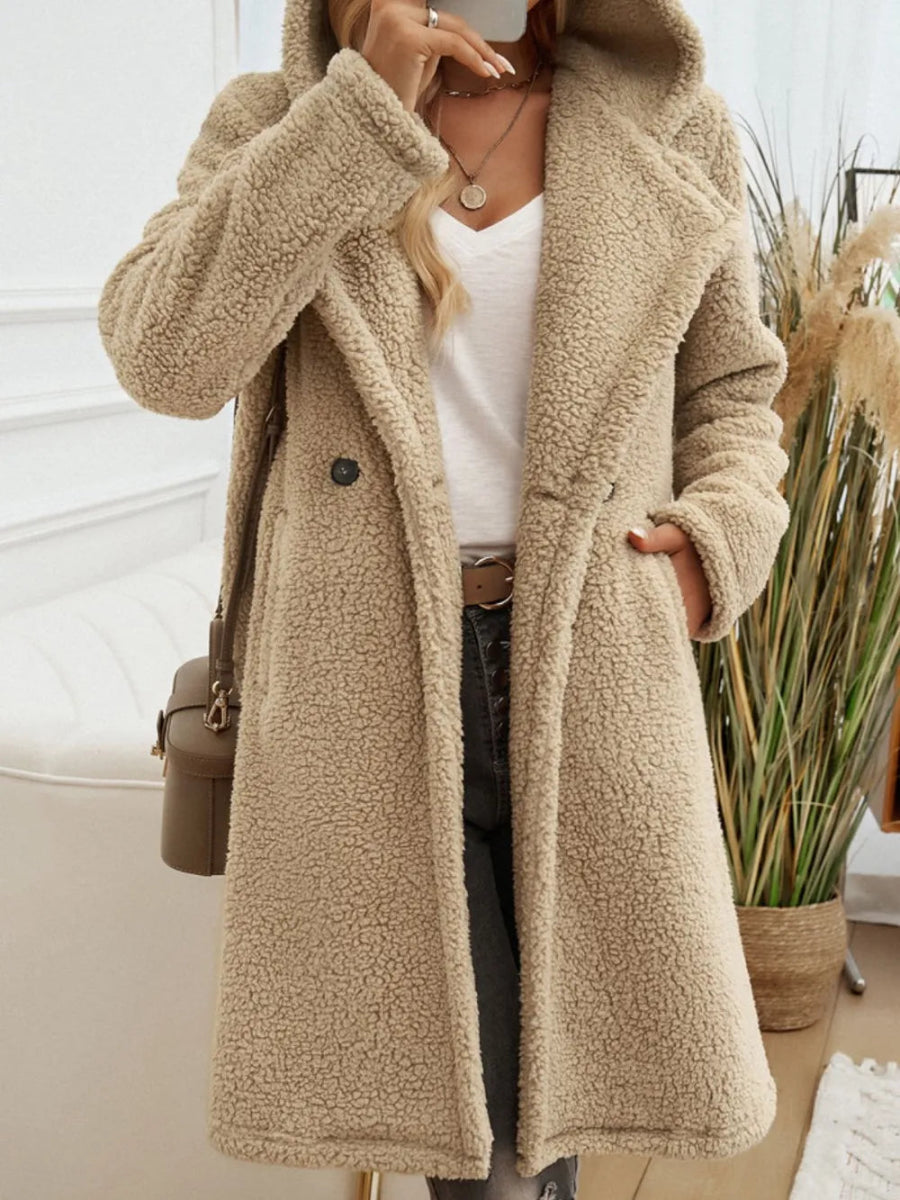 Devine Pocketed Long Sleeve Hooded Teddy Coat - CELIVINE