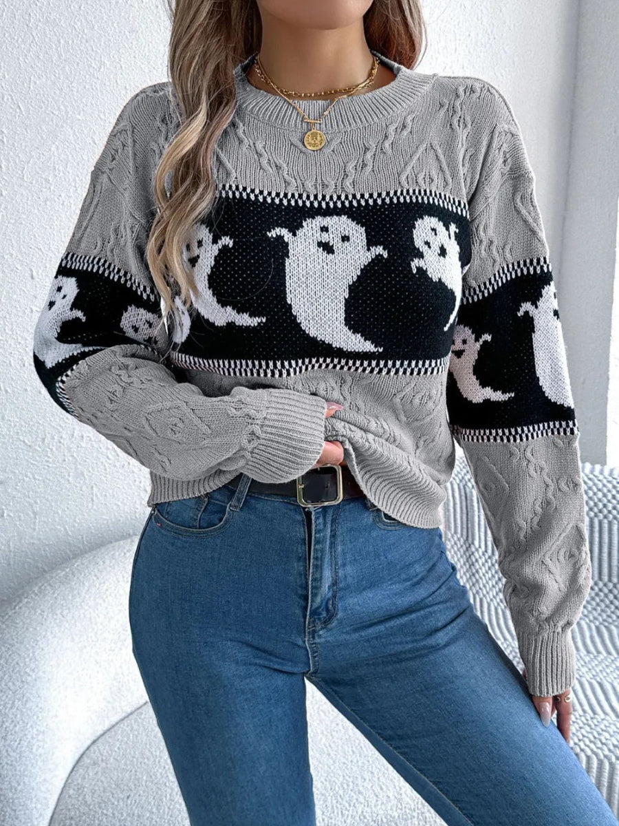 Ghost Round Neck Long Sleeve Sweater - CELIVINE