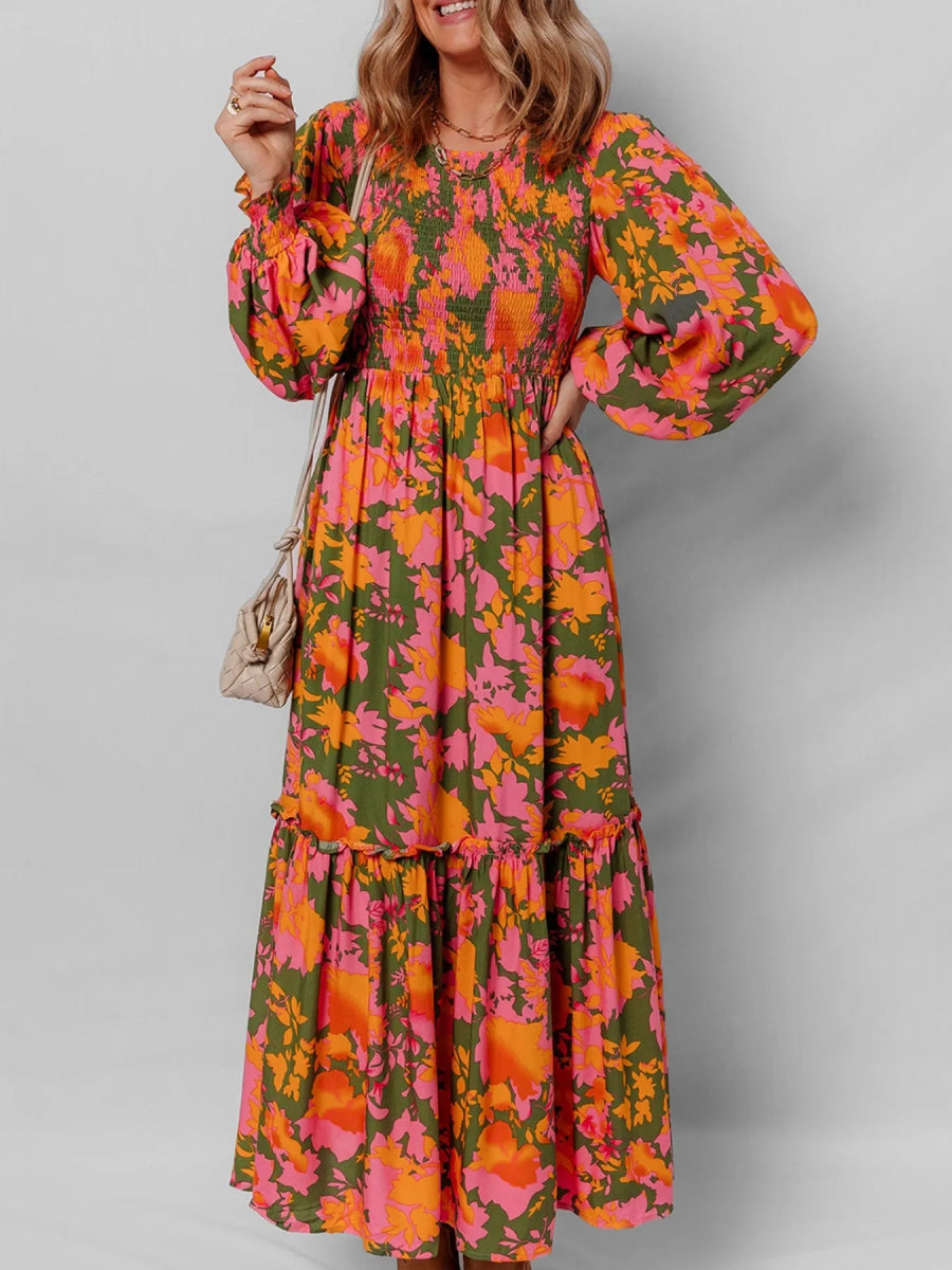 Smocked Floral Print Long Sleeve Maxi Dress - CELIVINE