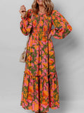 Smocked Floral Print Long Sleeve Maxi Dress - CELIVINE
