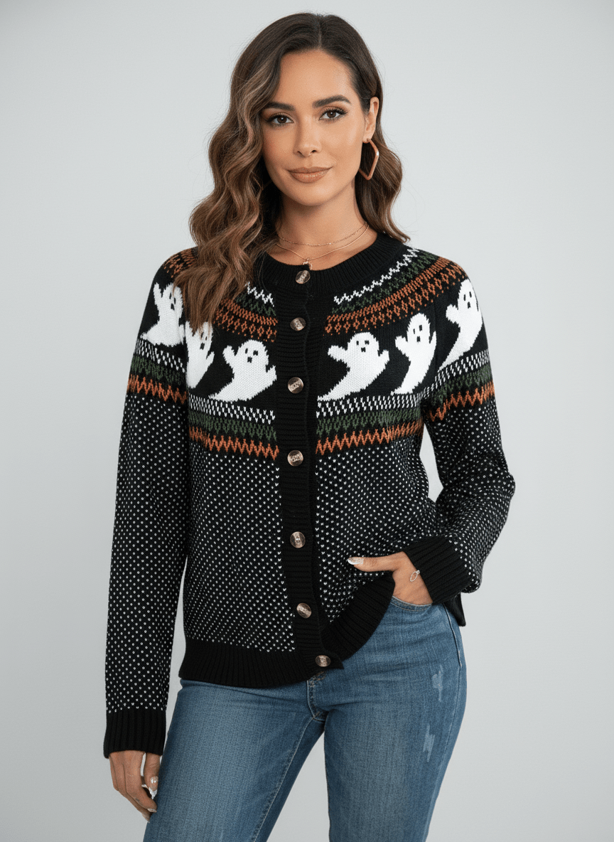 Ghost Button Up Long Sleeve Cardigan - CELIVINE