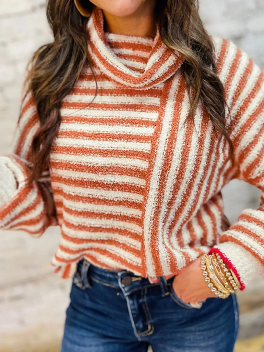 Striped Cowl Neck Long Sleeve Sweater - CELIVINE