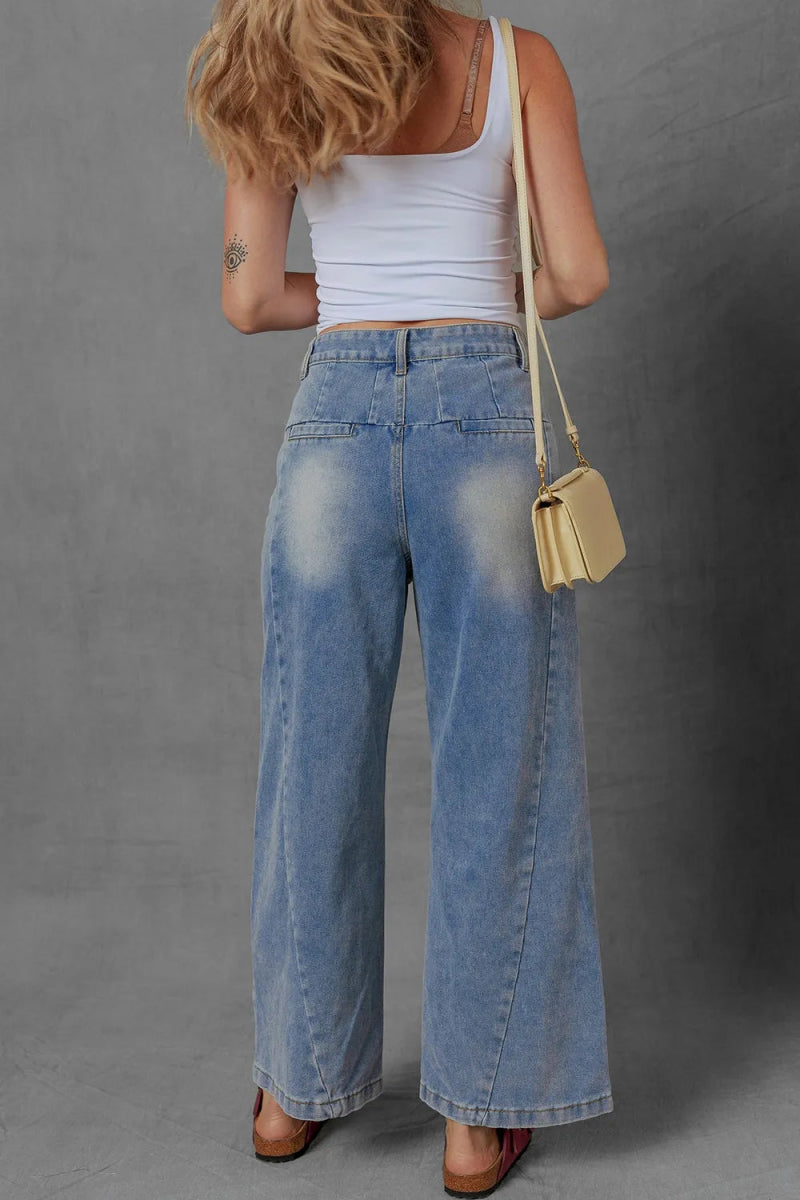 High - Waist Wide Leg Pleated Denim Jeans - CELIVINE