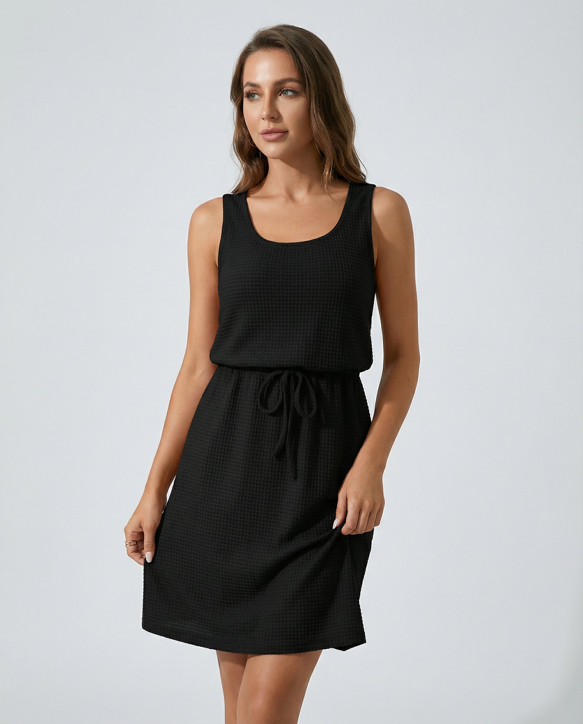 Waffle - Knit Drawstring Mini Tank Dress - CELIVINE