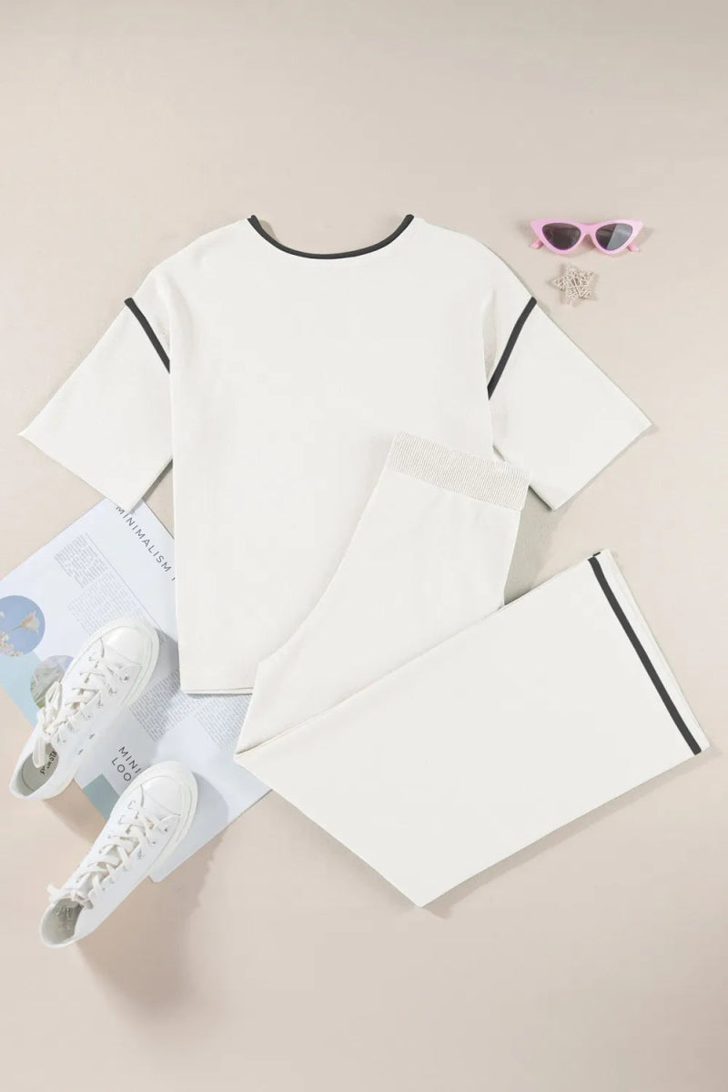 Contrast Trim Round Neck Top and Pants Set - CELIVINE