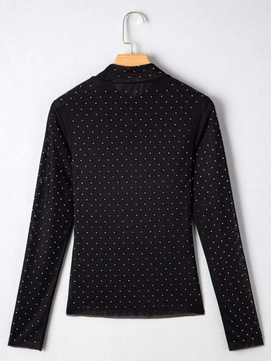 Rhinestone Embellished Mesh Long Sleeve Top - CELIVINE