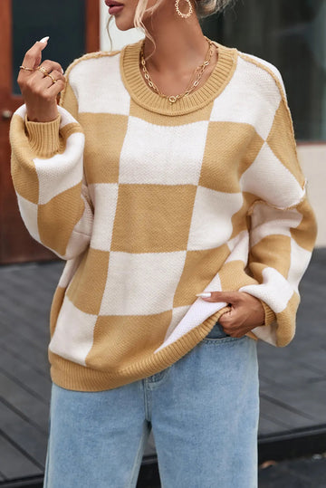 Checkered Exposed Seam Drooped Shoulder Sweater - CELIVINE
