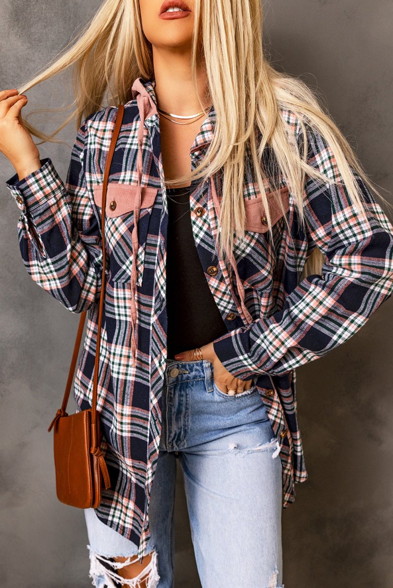 Plaid Drawstring Hooded Jacket with Pockets - CELIVINE