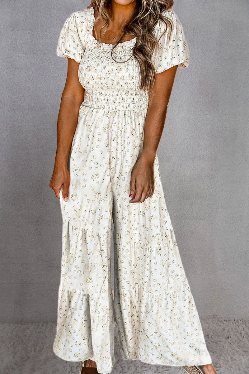 Smocked Printed Short Sleeve Jumpsuit - CELIVINE
