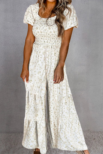 Smocked Printed Short Sleeve Jumpsuit - CELIVINE