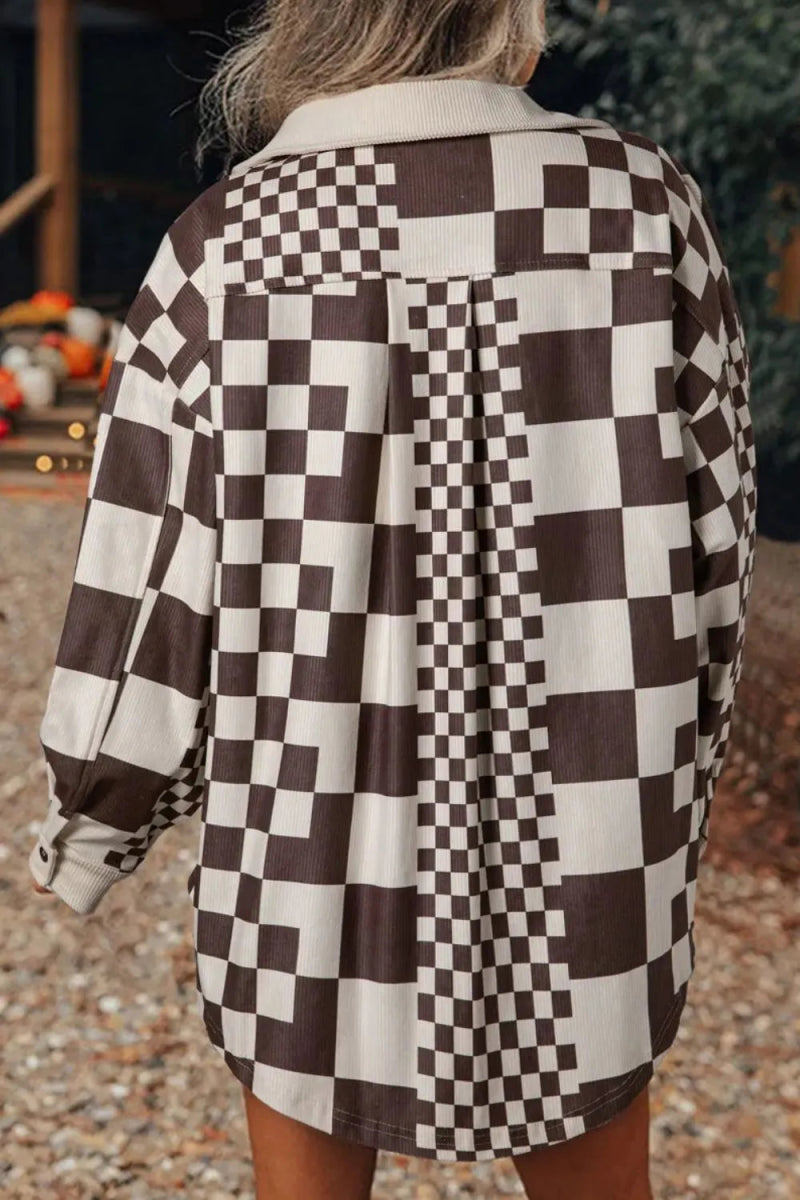 Pocketed Checkered Button Up Long Sleeve Jacket - CELIVINE