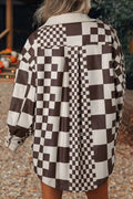 Pocketed Checkered Button Up Long Sleeve Jacket - CELIVINE