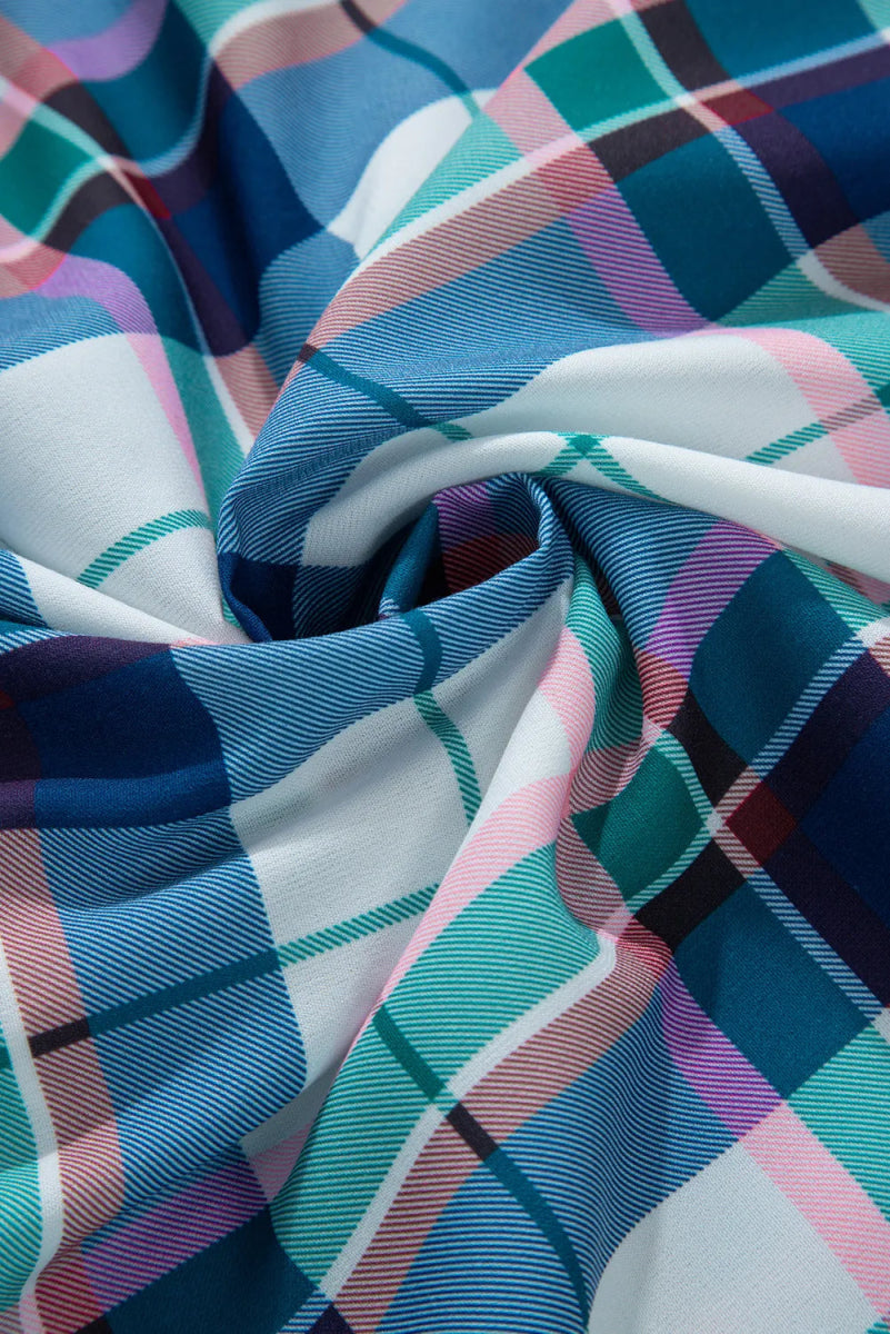 Plaid Snap Down Long Sleeve Top and Shorts Lounge Set - CELIVINE