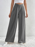 V - Waisted Ruched Front Wide Leg Pants - CELIVINE