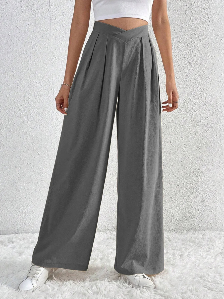 V - Waisted Ruched Front Wide Leg Pants - CELIVINE