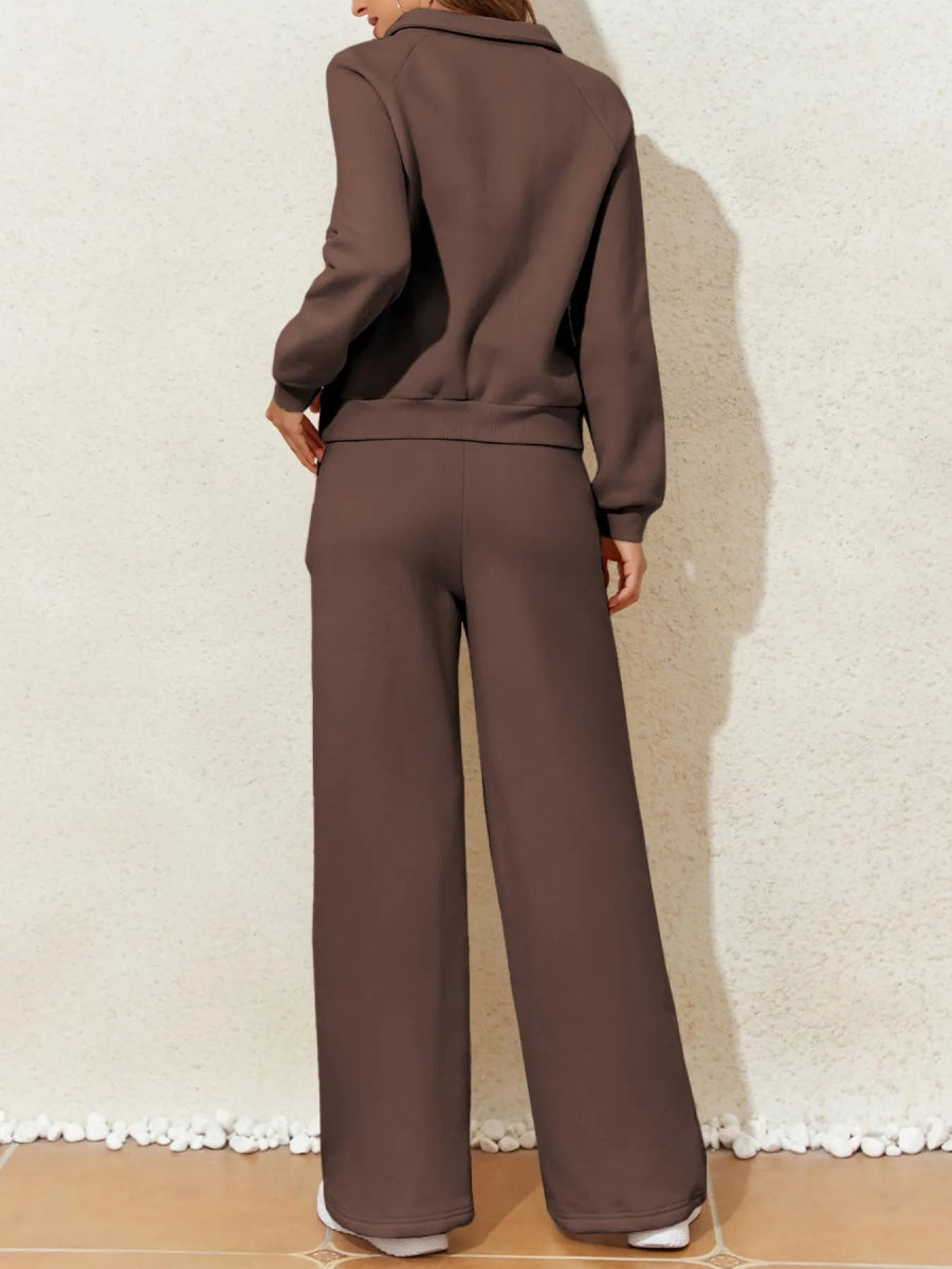 Collared Sweatshirt and High Waist Pants Active Set - CELIVINE