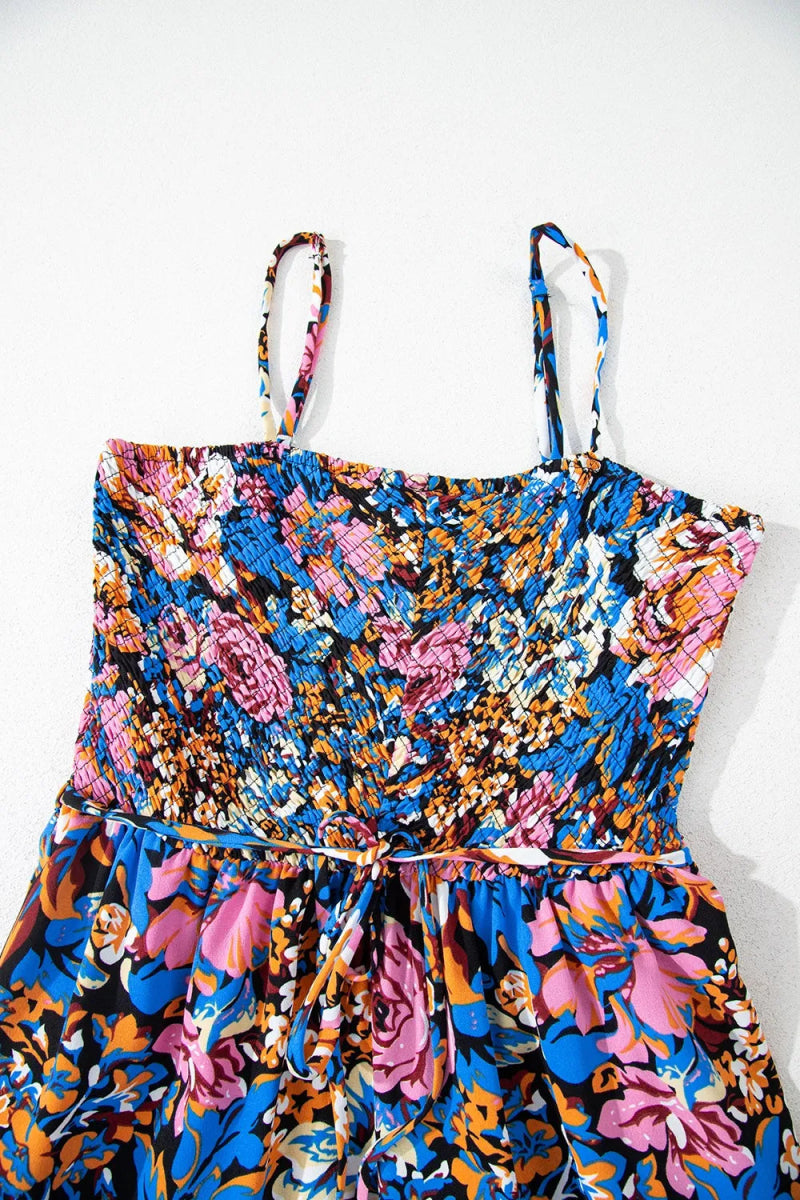 Floral Smocked Spaghetti Straps Wide Leg Jumpsuit - CELIVINE